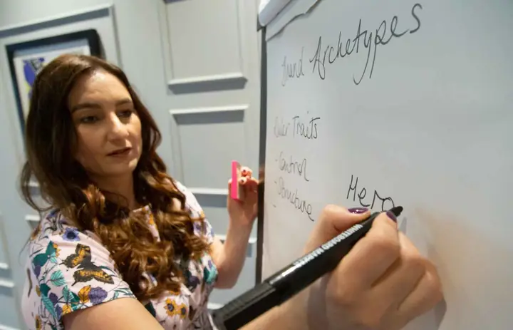 Sarah Lambley teaching brand traits on a flipchart